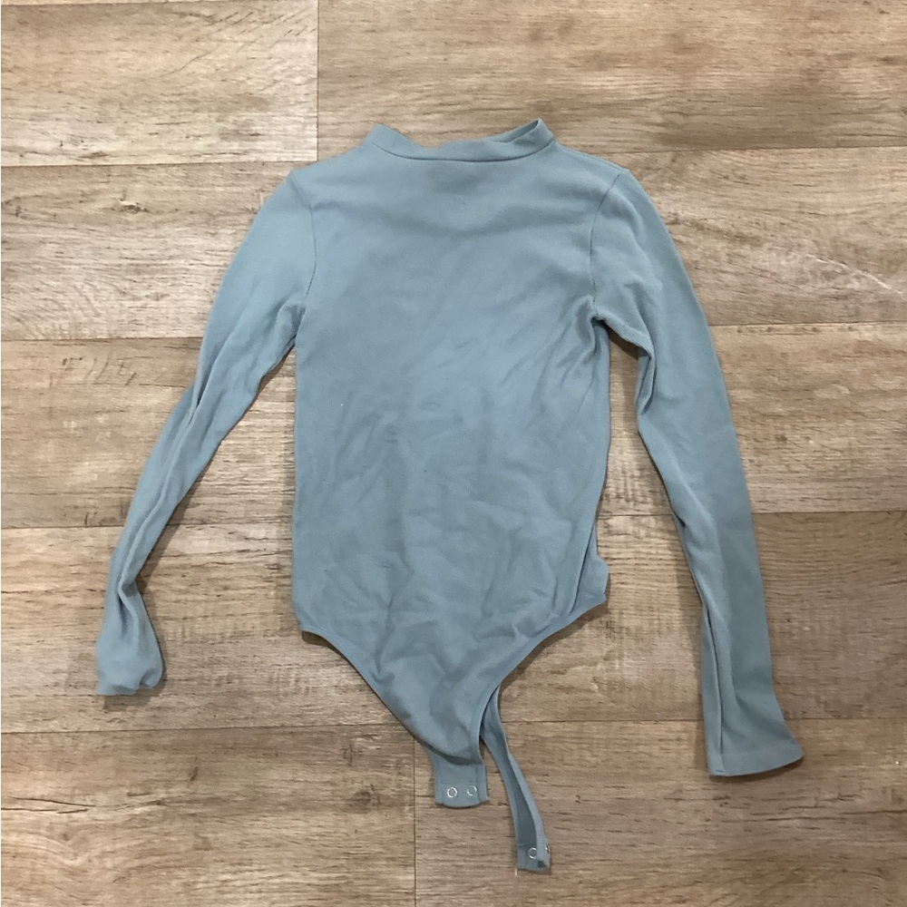 Blue Ribbed Long Sleeve Bodysuit with Tie Front